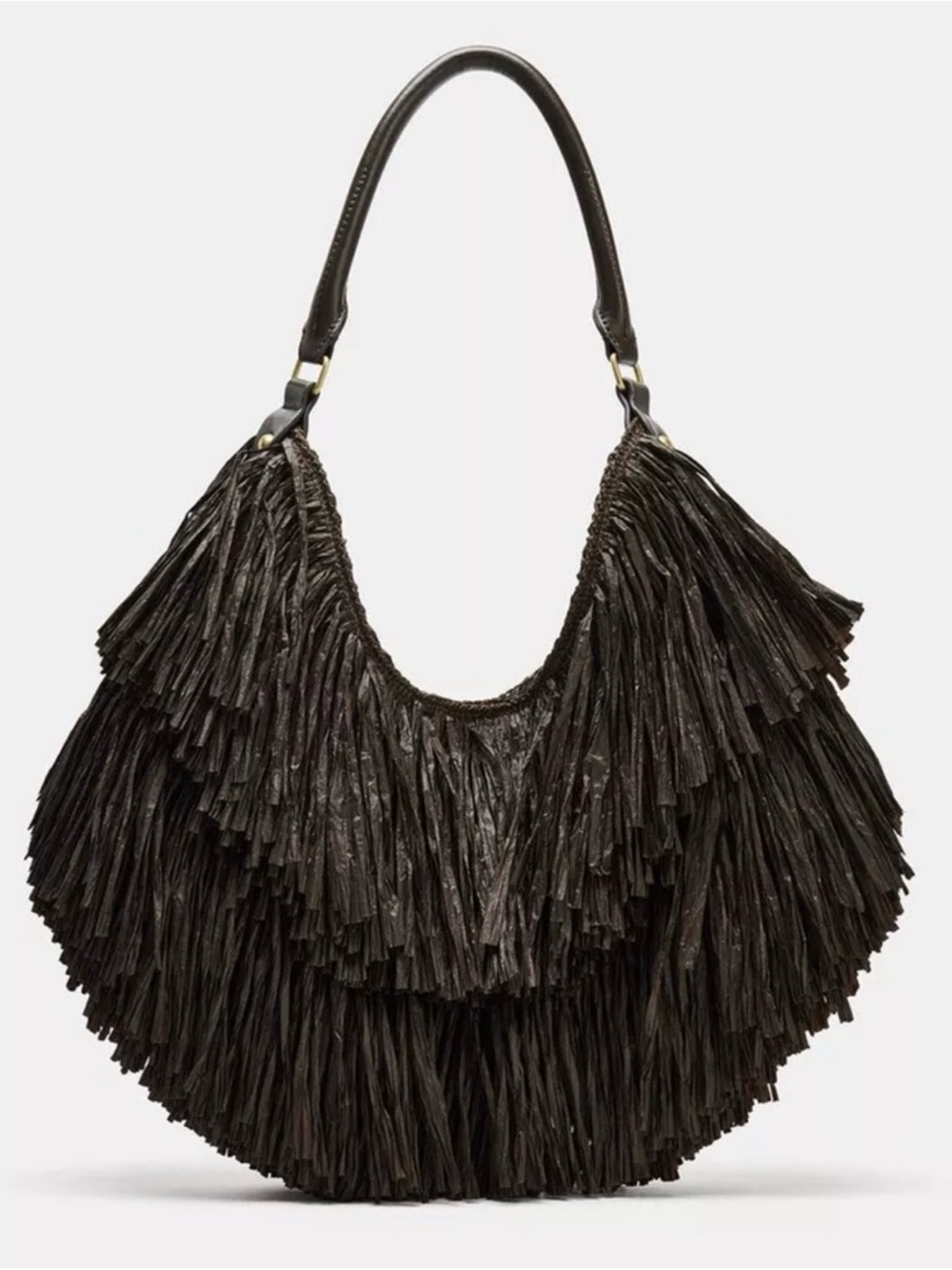 Zara Chocolate Brown Straw Fringe Tote Bag